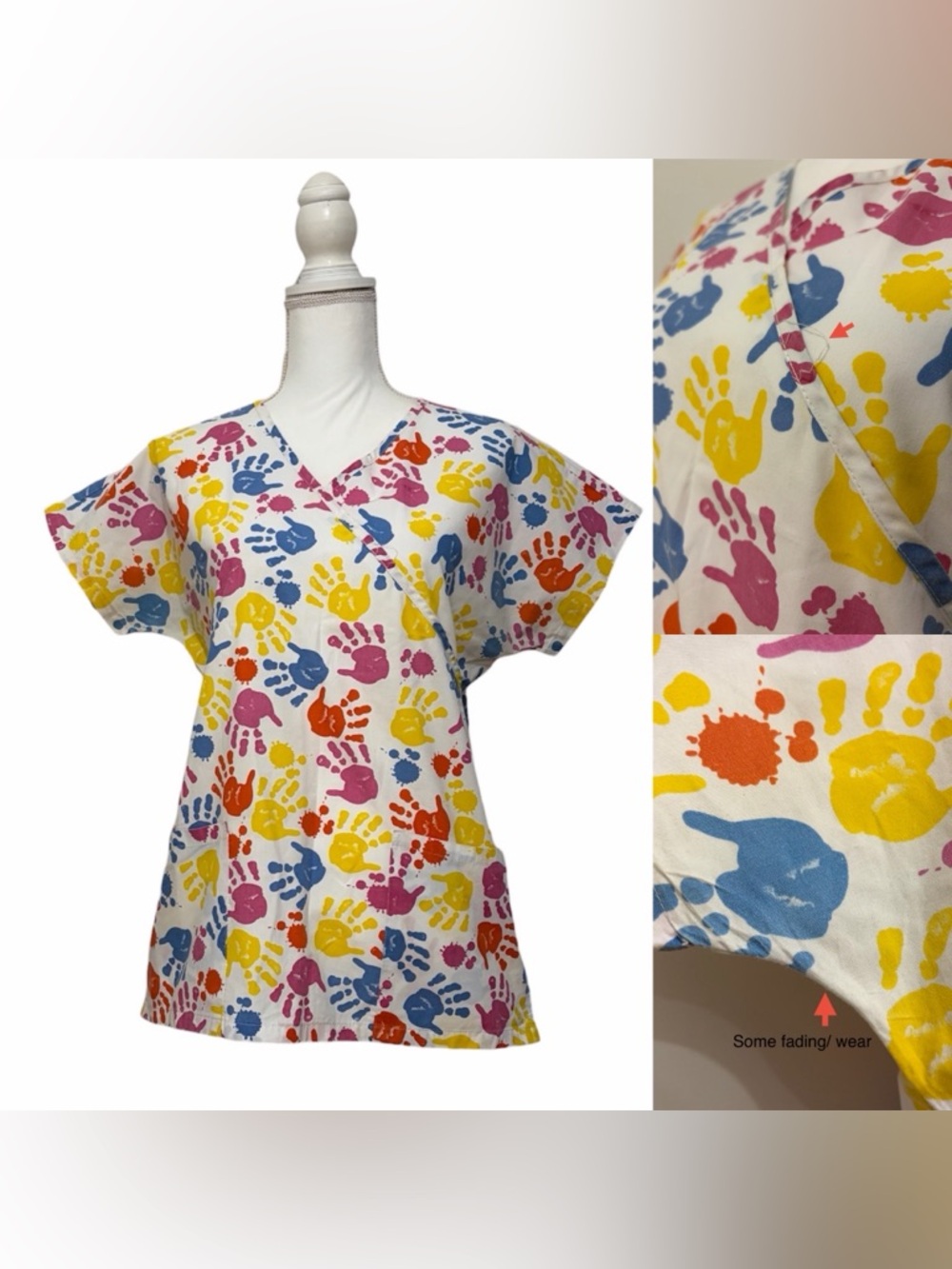 Kids Multicolor Handprint Women's V-Neck Scrub Top with Pockets Small